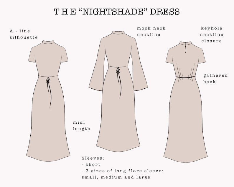 The "Nightshade" dress with flare sleeves PDF pattern | pdf printable sewing pattern