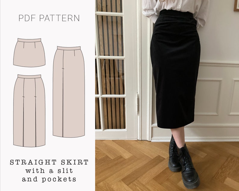 Straight skirt with slit PDF sewing pattern | Mini Midi Maxi skirt printable pdf