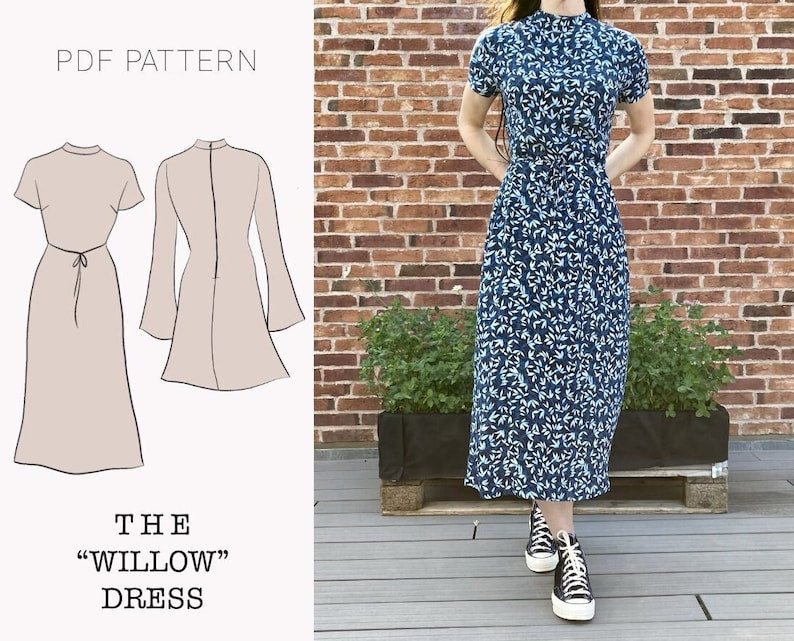 The "Willow" Dress | Mock neck dress with flare sleeves PDF pattern | pdf printable sewing pattern