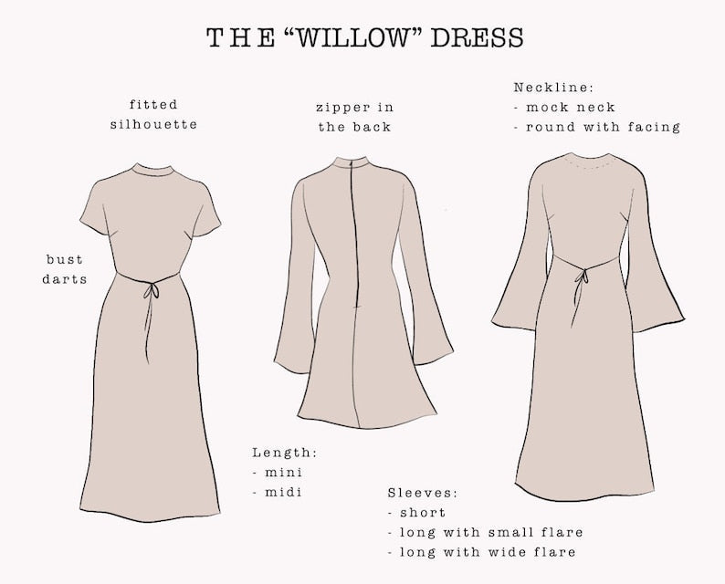 The "Willow" Dress | Mock neck dress with flare sleeves PDF pattern | pdf printable sewing pattern