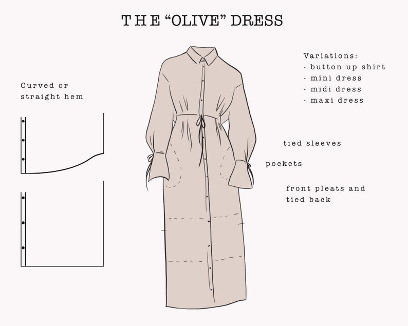 The "Olive" Dress and Shirt | Button up dress with tied sleeves and pockets PDF pattern | pdf printable sewing pattern