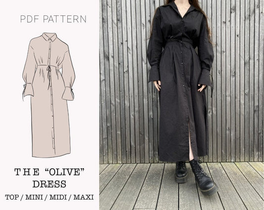 The "Olive" Dress and Shirt | Button up dress with tied sleeves and pockets PDF pattern | pdf printable sewing pattern