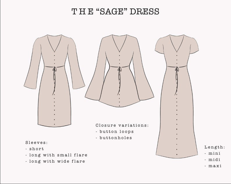 The "Sage" Dress | V-neck button up dress with flare sleeves PDF pattern | pdf printable sewing pattern