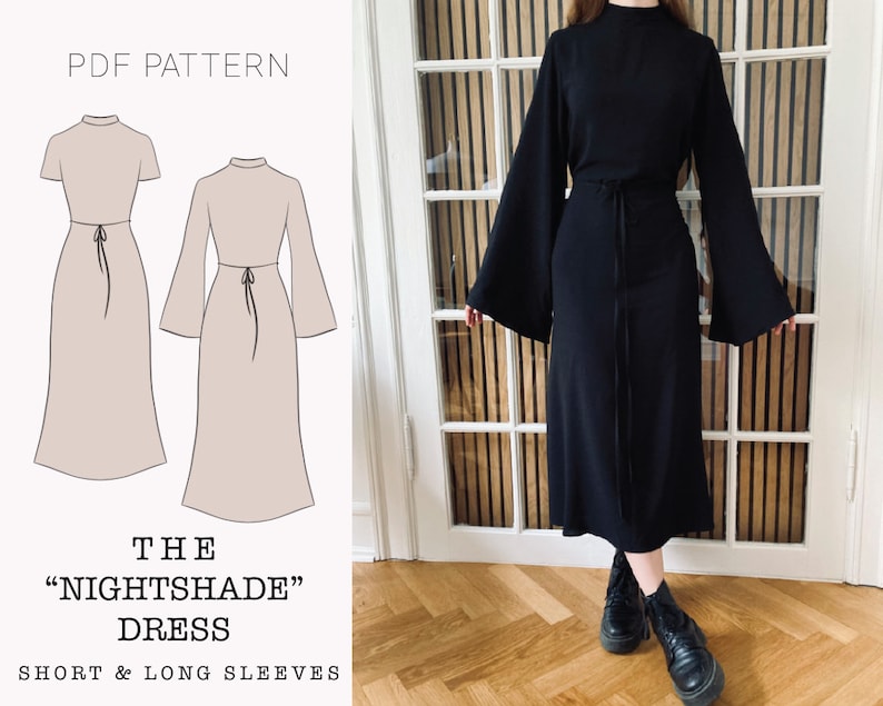 The "Nightshade" dress with flare sleeves PDF pattern | pdf printable sewing pattern