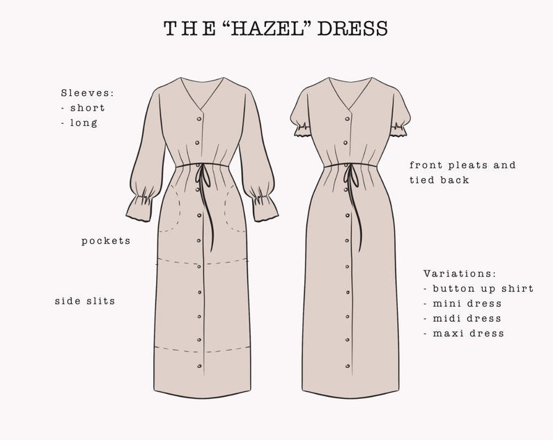 The "Hazel" Dress and Shirt | V-neck Button up dress with pockets PDF pattern | pdf printable sewing pattern