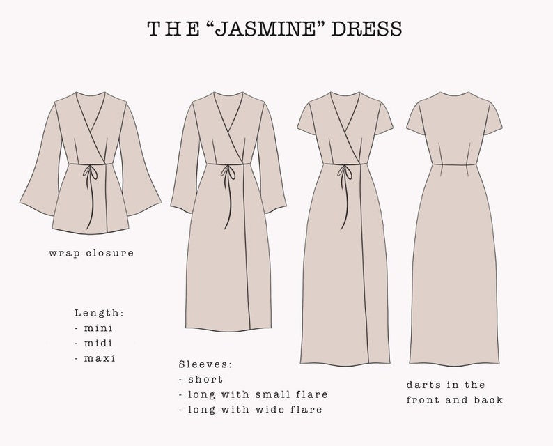 The "Jasmine" Dress | V-neck Wrap dress with flare sleeves PDF pattern | pdf printable sewing pattern