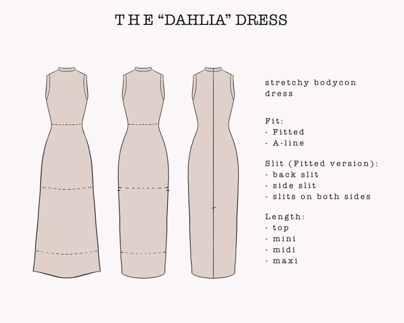 The "Dahlia" Dress | Stretchy sleeveless bodycon dress PDF pattern | pdf printable sewing pattern
