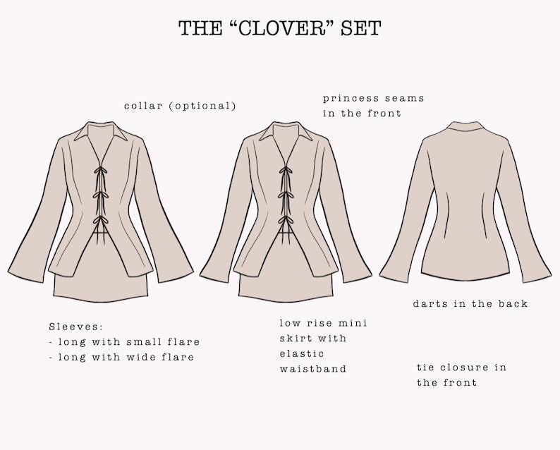 The "Clover" Set | V-neck Front Ties Top and Low Rise Mini Skirt PDF pattern | pdf printable sewing pattern