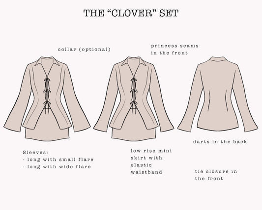 The "Clover" Set | V-neck Front Ties Top and Low Rise Mini Skirt PDF pattern | pdf printable sewing pattern