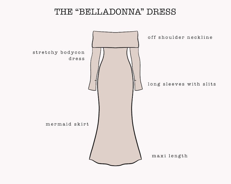 The "Belladonna" Dress | Stretchy off shoulder maxi bodycon dress PDF pattern | pdf printable sewing pattern