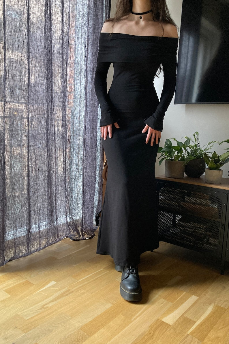 The "Belladonna" Dress | Stretchy off shoulder maxi bodycon dress PDF pattern | pdf printable sewing pattern