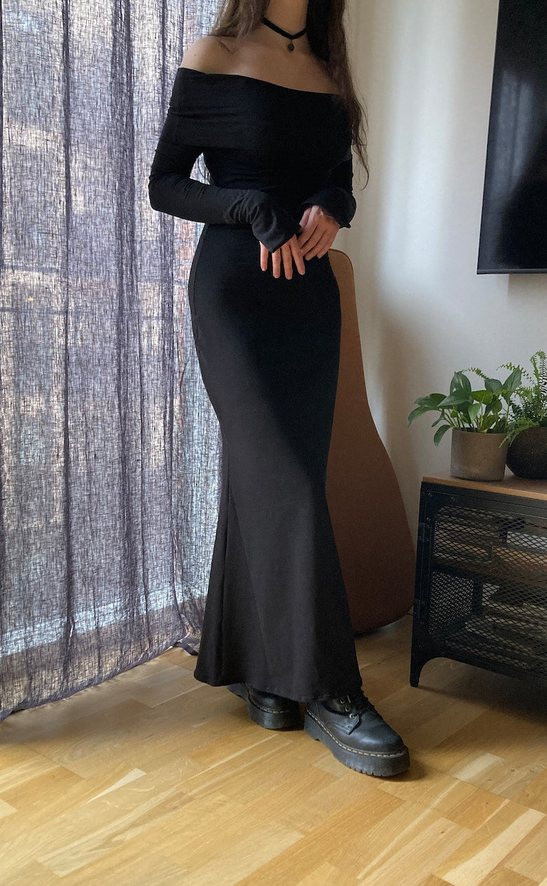 The "Belladonna" Dress | Stretchy off shoulder maxi bodycon dress PDF pattern | pdf printable sewing pattern