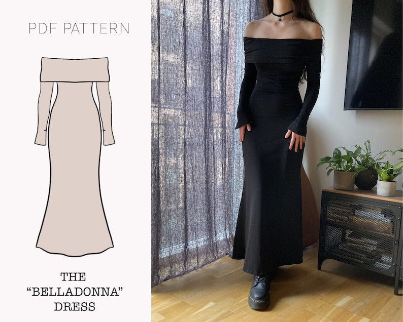 The "Belladonna" Dress | Stretchy off shoulder maxi bodycon dress PDF pattern | pdf printable sewing pattern