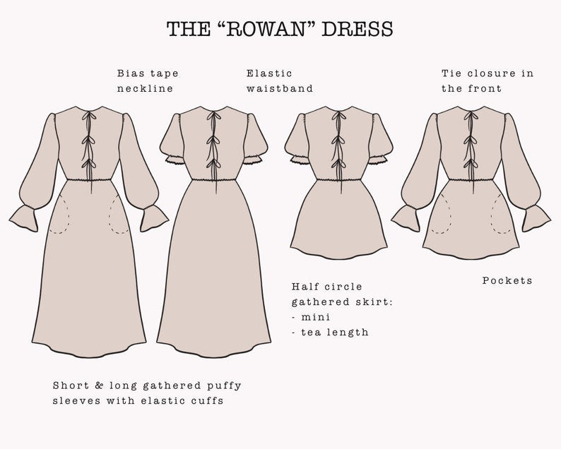 The "Rowan" Dress | Front Ties Gathered Puffy sleeve dress PDF pattern | pdf printable sewing pattern