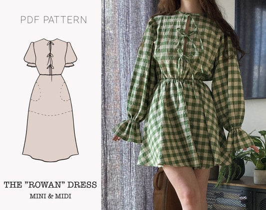 The "Rowan" Dress | Front Ties Gathered Puffy sleeve dress PDF pattern | pdf printable sewing pattern