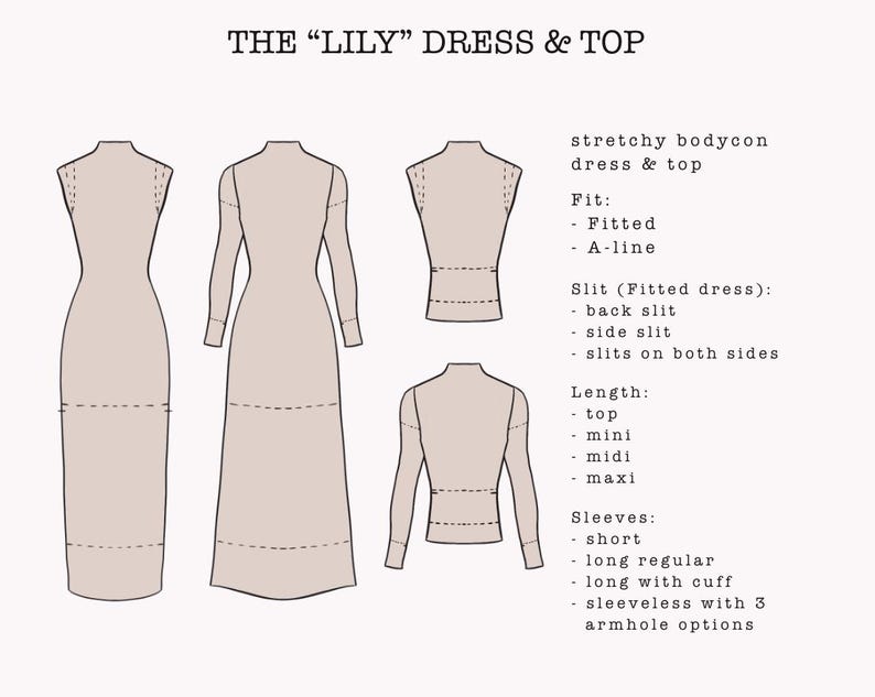 The "Lily" Dress | Stretchy bodycon dress and top with optional sleeves PDF pattern | pdf printable sewing pattern