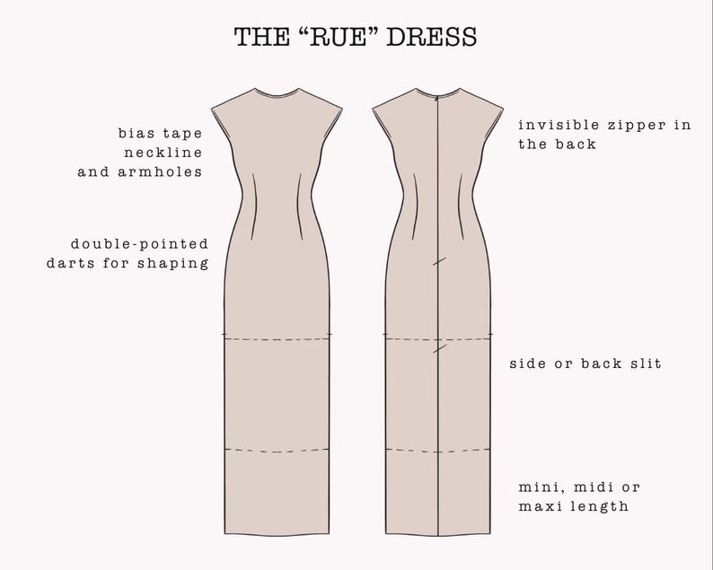 The "Rue" Dress | Column sleeveless dress PDF pattern | pdf printable sewing pattern